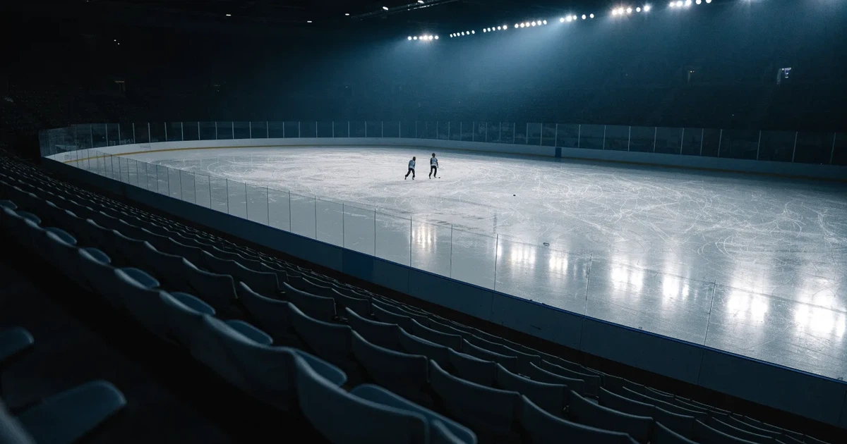 Eine Eishockeyhalle von der Tribüne aus gesehen, spiegelglatte Eisfläche, Banden ohne Schriftzüge, helles Flutlicht.