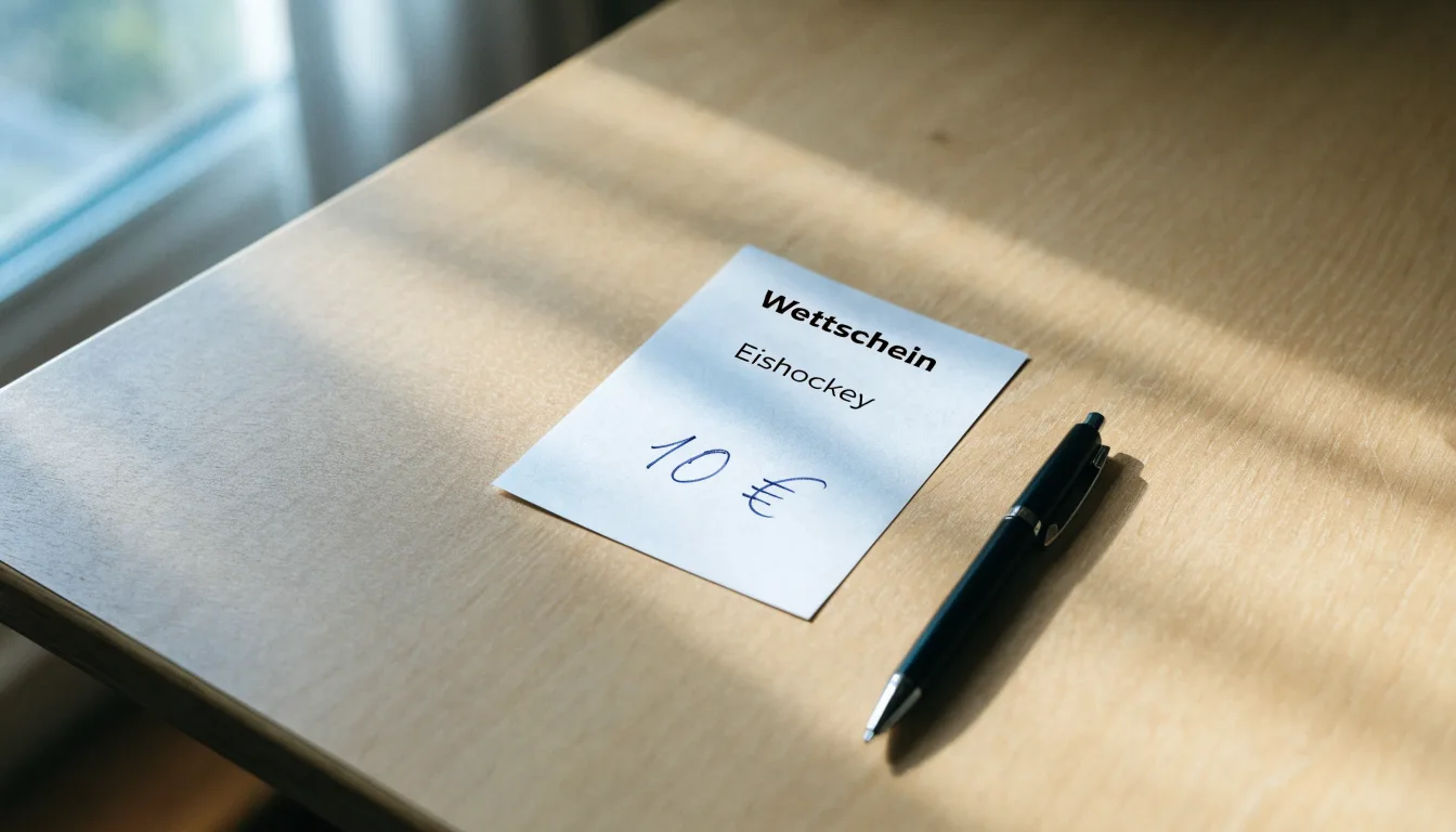 Ein leerer Papierwettschein und ein Kugelschreiber liegen auf einem aufgeräumten Schreibtisch, weiches Licht von einem Fenster.