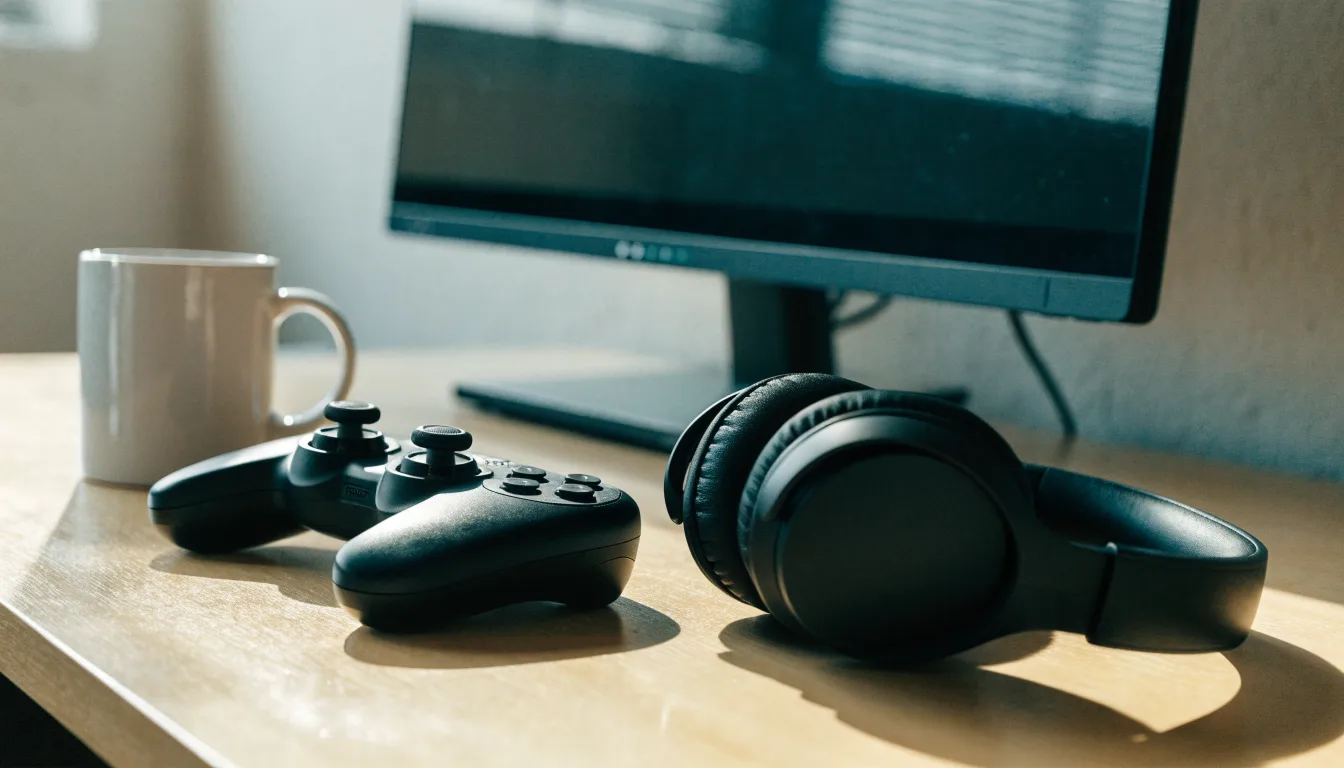 Ein Gamepad und ein Headset liegen auf einem Schreibtisch neben einer Tasse, der Bildschirm im Hintergrund ist ausgeschaltet.