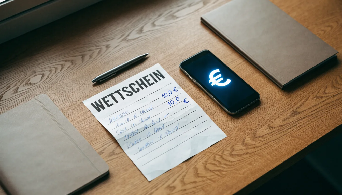 Ein leerer Papierwettschein und ein Kugelschreiber liegen auf einem aufgeräumten Schreibtisch, weiches Licht von einem Fenster.