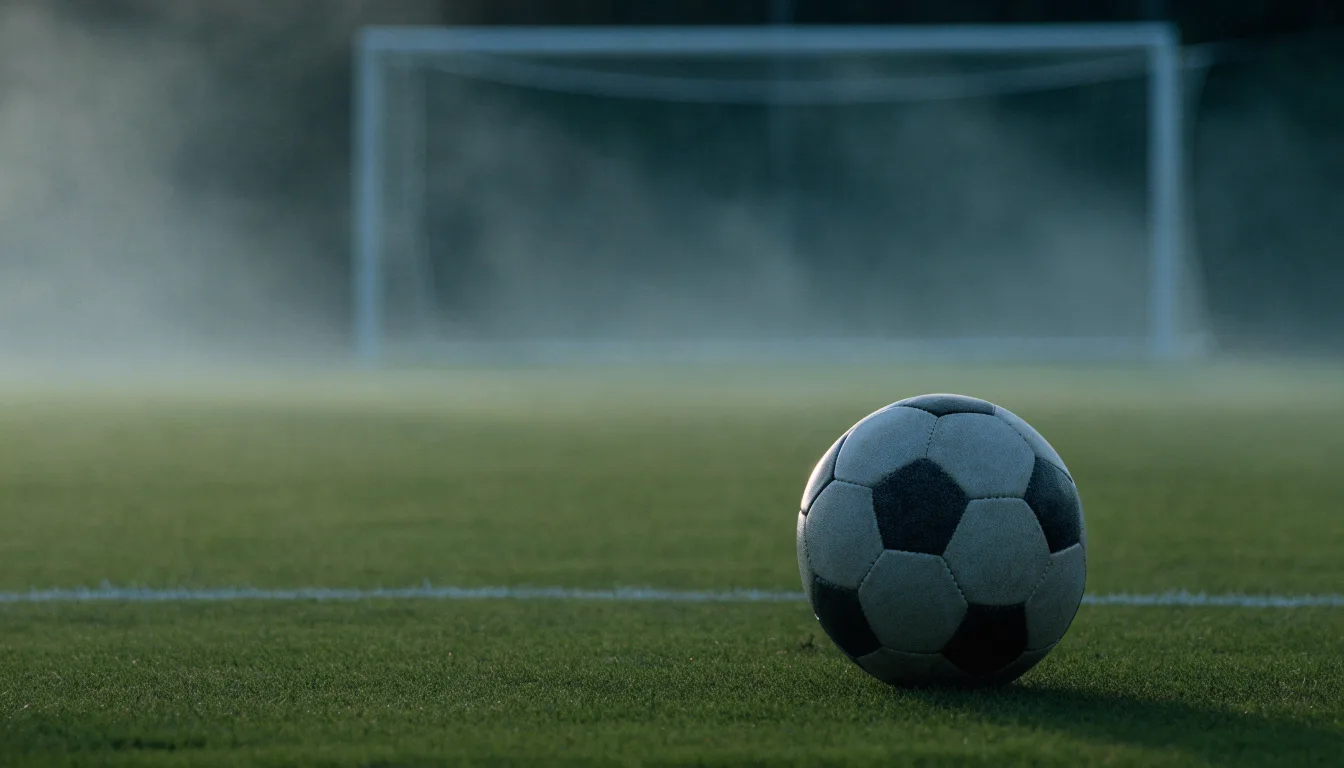 Ein Fußball liegt auf dem Elfmeterpunkt eines leeren Rasenplatzes, im Hintergrund unscharf ein Tor im Morgendunst.