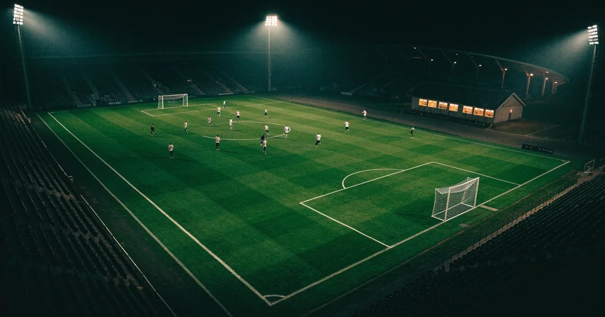 Ein Fußballstadion bei Flutlicht aus der Ferne gesehen, davor eine Straße und leuchtende Fenster eines Nebengebäudes.