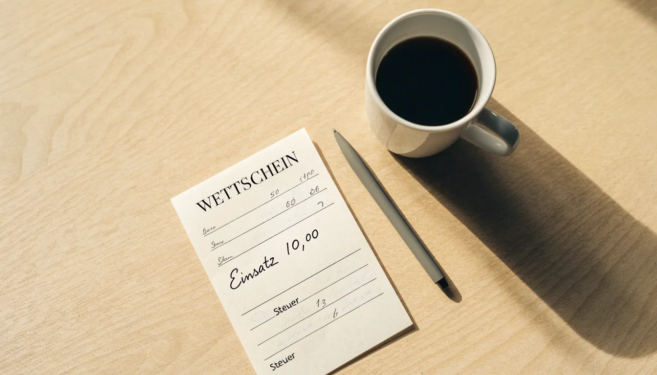 Ein leerer Wettschein aus Papier liegt neben einem Kugelschreiber und einer Tasse auf einem hellen Holztisch.