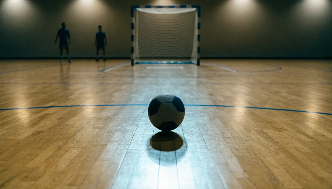 Ein kleiner schwerer Ball liegt in einer Halle auf dem Parkett vor einem Tor, warmes Licht aus den Deckenstrahlern.