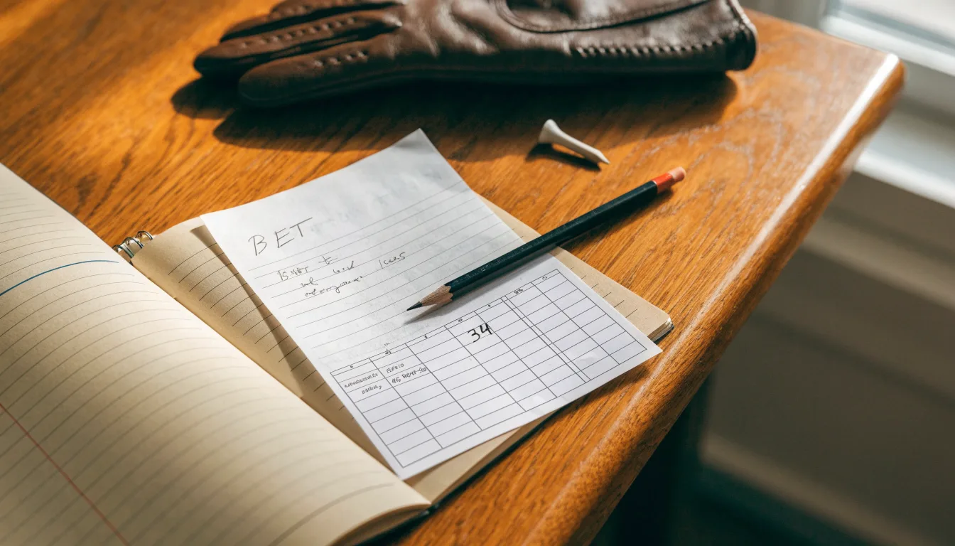 Ein Notizbuch mit handschriftlichen Notizen und ein Bleistift liegen neben einem Golfhandschuh und einem Tee auf einem Holztisch.