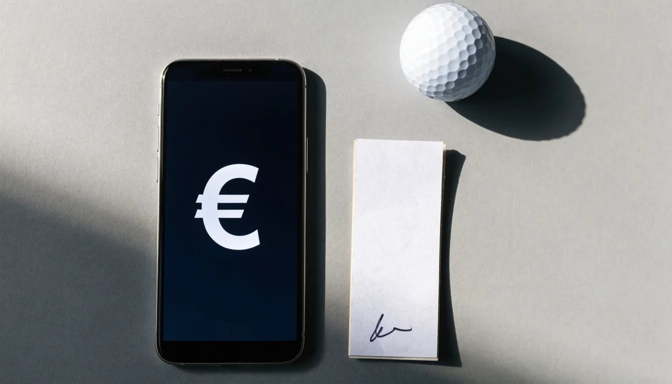 Ein leerer Wettschein aus Papier liegt neben einem Smartphone mit dunklem Display auf einem Tisch, daneben ein einzelner Golfball.