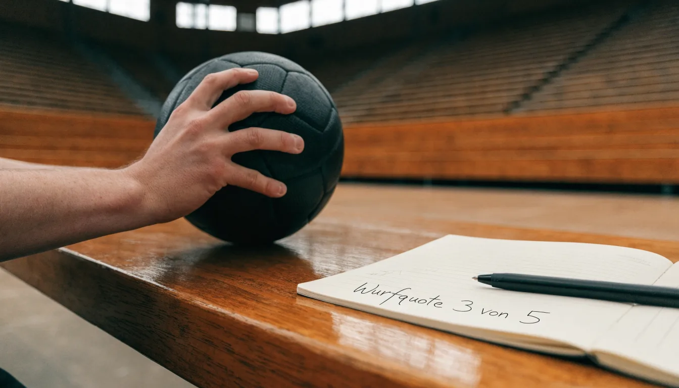 Eine Hand hält einen Handball, im Hintergrund eine unscharfe Tribüne, daneben liegt ein Notizblock auf einer Bank.