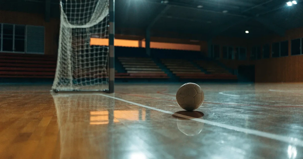 Ein Handball liegt auf dem Hallenboden vor einem Tor mit Netz, die leere Halle wird von Flutlicht beleuchtet.