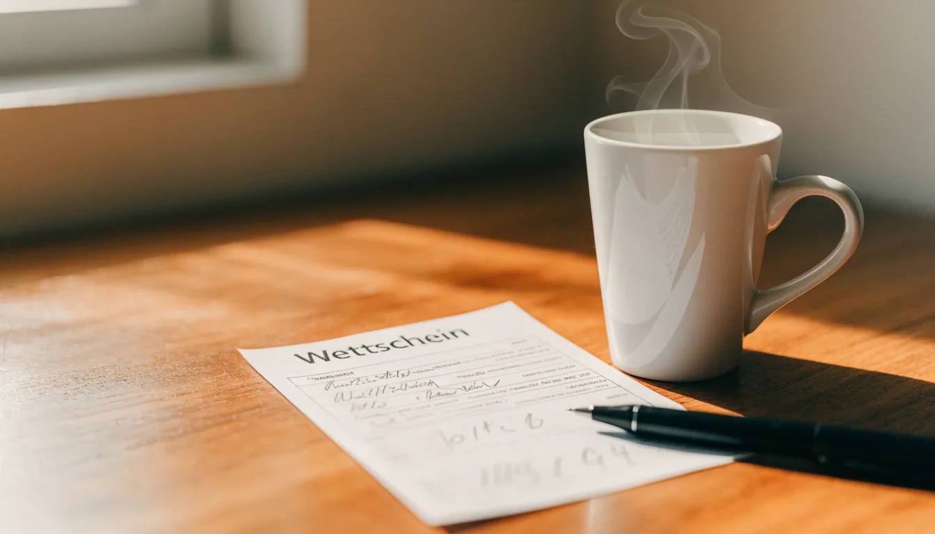 Ein leerer Wettschein aus Papier und ein Kugelschreiber liegen auf einem Schreibtisch neben einer Tasse Kaffee im Tageslicht.