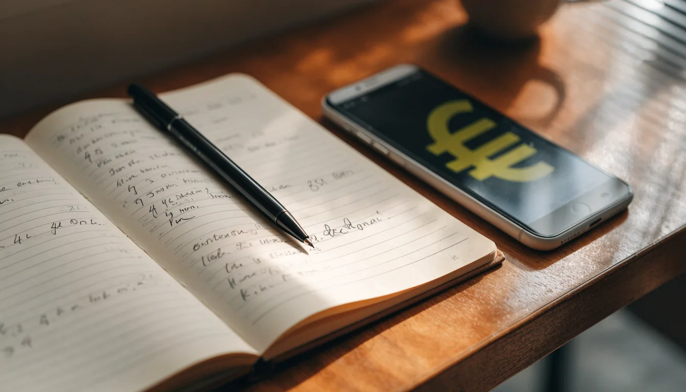 Ein Notizbuch mit handschriftlichen Notizen und ein Stift liegen auf einem Holztisch neben einem Smartphone mit dunklem Bildschirm.