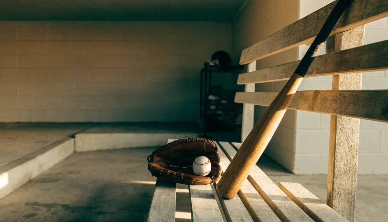 Ein Baseballschläger lehnt an einer Bank im Dugout, daneben liegen ein Handschuh und ein Ball im Licht der Nachmittagssonne.