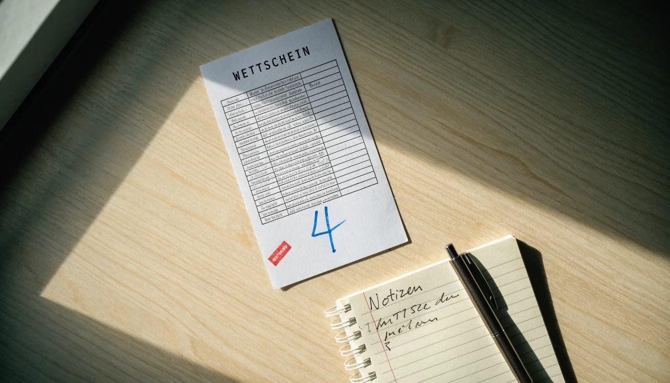 Ein leerer Wettschein aus Papier liegt neben einem Notizbuch und einem Stift auf einem aufgeräumten Schreibtisch.