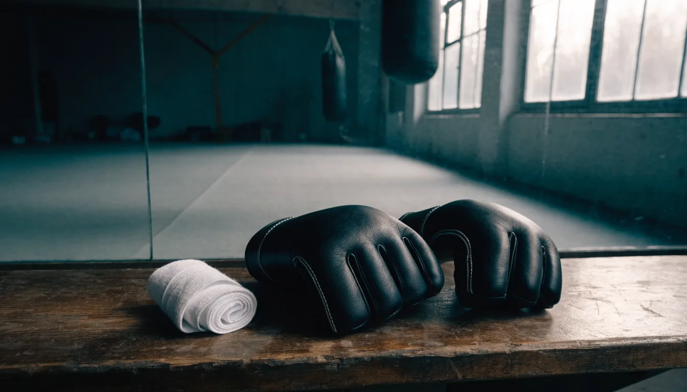 Ein Paar Kampfhandschuhe und eine Bandage liegen auf einer Holzbank in einem Trainingsraum mit Spiegelwand.