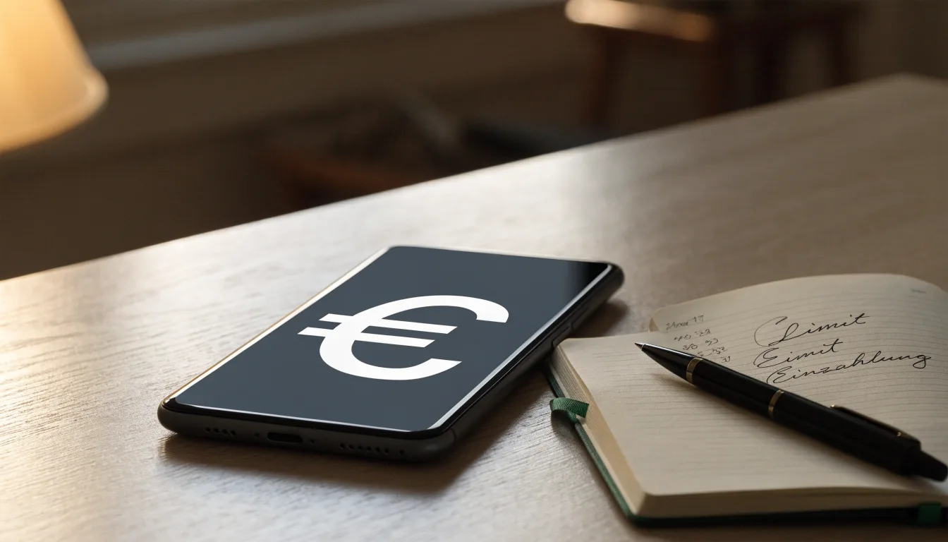 Ein Smartphone mit dunklem Display liegt neben einem Notizbuch und einem Kugelschreiber auf einem Tisch.