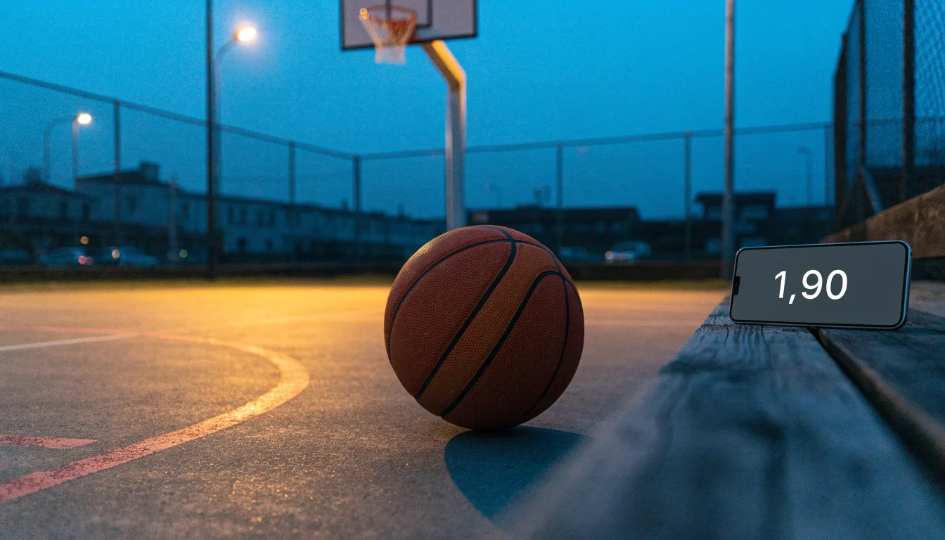 Ein Basketball rollt auf einem Freiluftplatz in der Abenddämmerung zu einem Korb, die Straßenlaternen leuchten bereits.