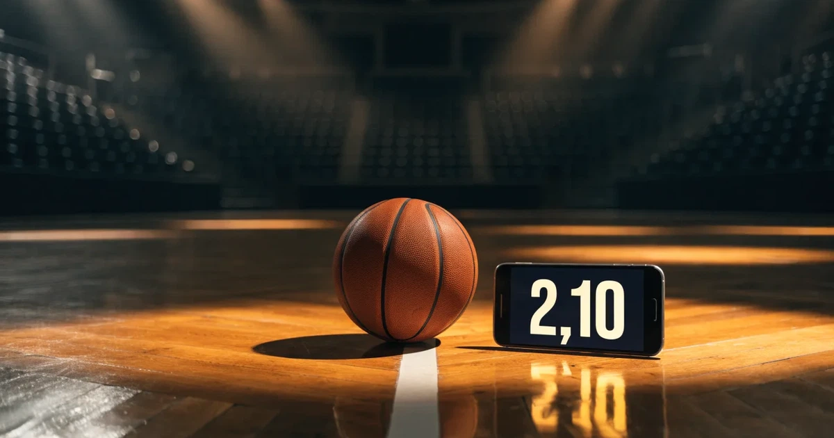 Ein Basketball liegt auf dem Parkettboden einer leeren Arena, Scheinwerfer werfen Licht auf die Mittellinie.