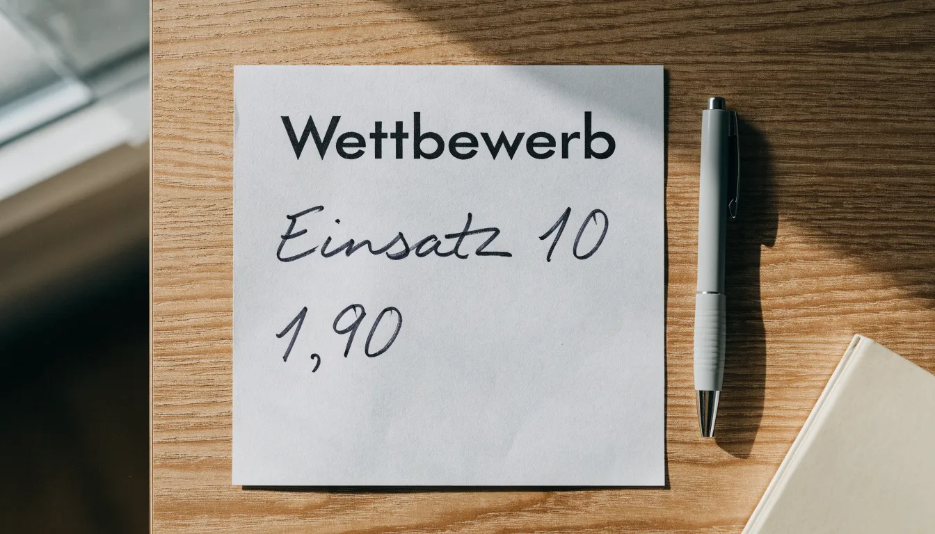 Ein leerer Wettschein aus Papier liegt neben einem Kugelschreiber auf einem Schreibtisch im Tageslicht.