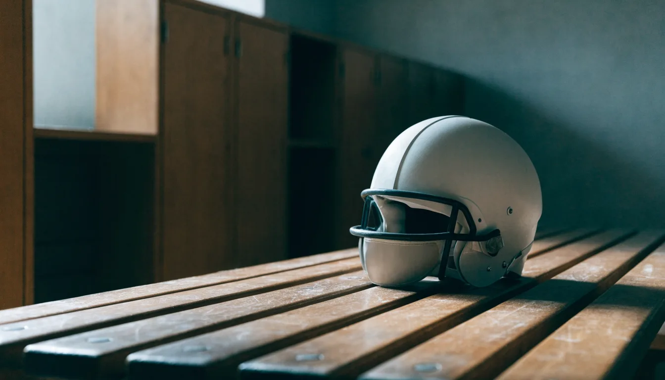 Ein neutraler Footballhelm ohne Aufdruck steht auf einer Holzbank in einer Umkleidekabine.
