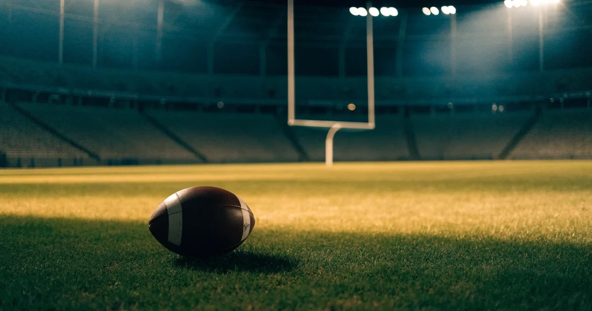 Ein American Football liegt auf dem Rasen eines leeren Stadions unter Flutlicht, die Torstangen ragen im Hintergrund auf.