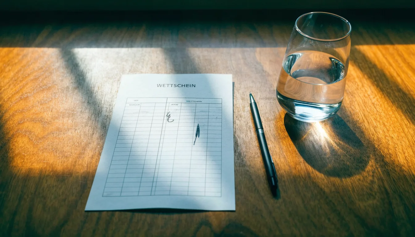 Ein leerer Wettschein aus Papier liegt neben einem Stift auf einem Tisch, daneben ein Glas Wasser.