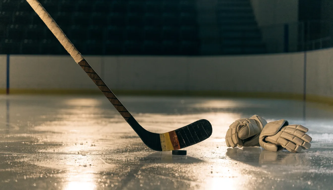 Ein Eishockeyschläger lehnt an einer Bande, daneben liegen ein Puck und ein Paar Handschuhe in einer Eishalle.