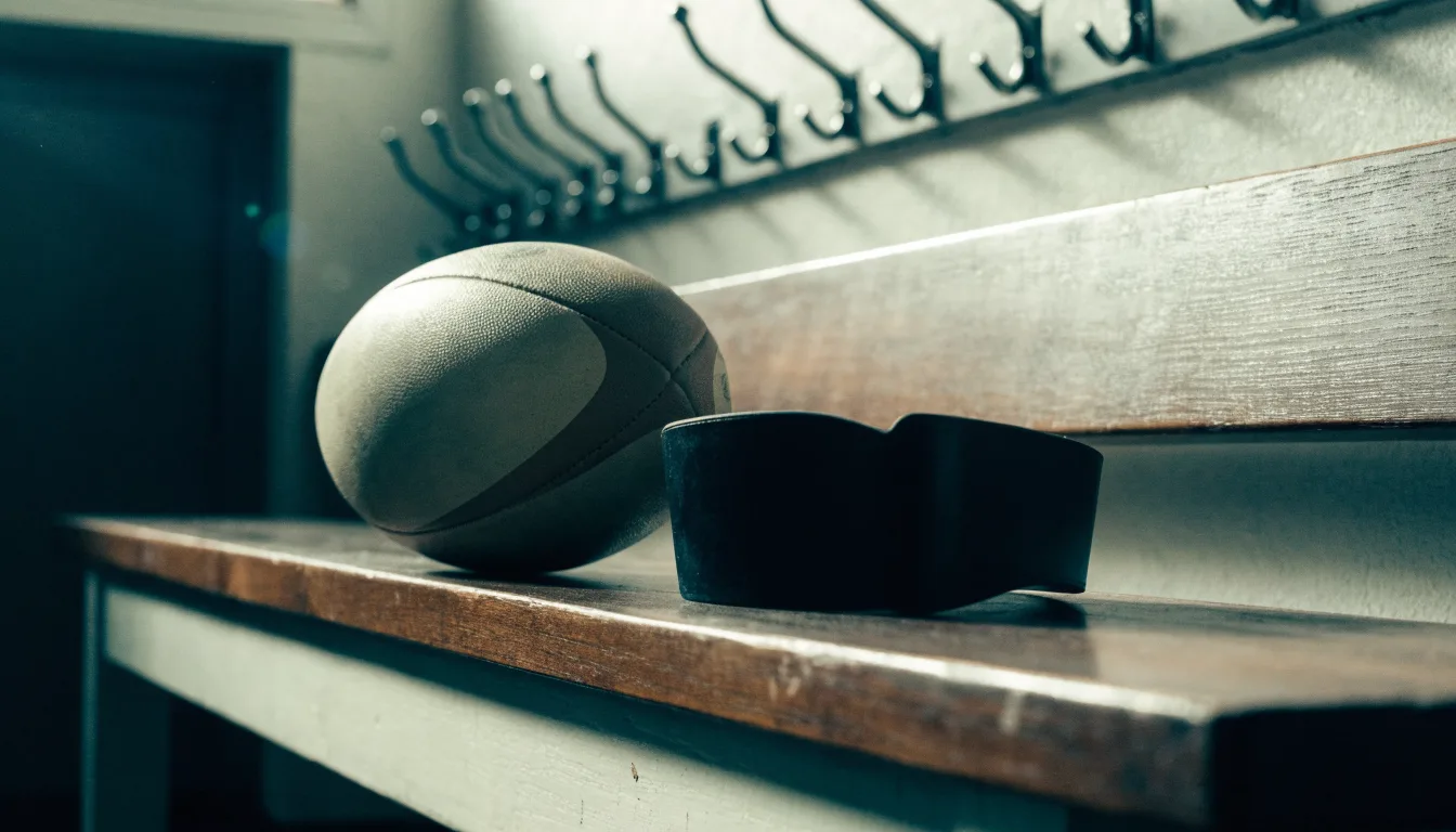 Ein Rugbyball und ein Mundschutz liegen auf einer Holzbank neben einer Reihe Kleiderhaken in einer Umkleide.