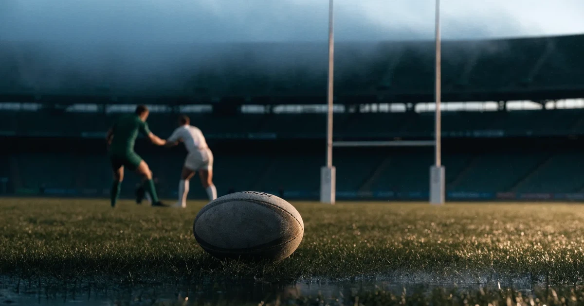 Ein ovaler Rugbyball liegt vor den hohen Torstangen auf nassem Rasen, über dem Stadion zieht Nebel auf.