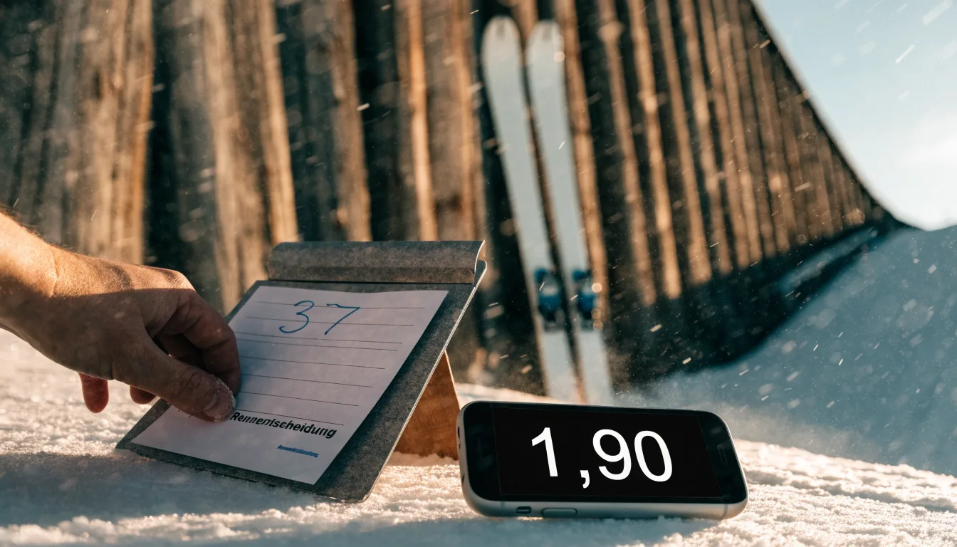 Ein Paar Skier steckt aufrecht im Schnee neben einem Anlaufturm, im Hintergrund wirbelt feiner Schnee im Wind.