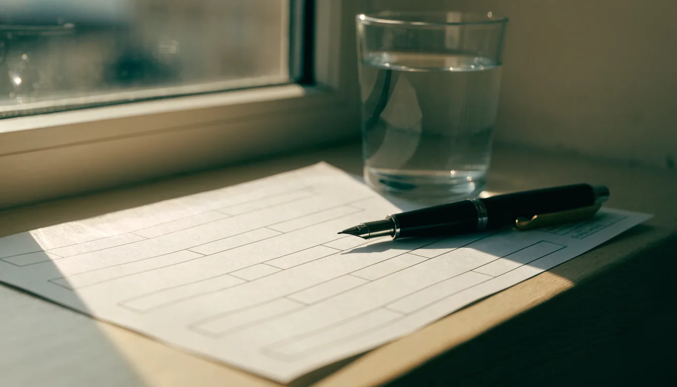 Ein leerer Wettschein aus Papier und ein Kugelschreiber liegen neben einem Glas Wasser auf einer Fensterbank.