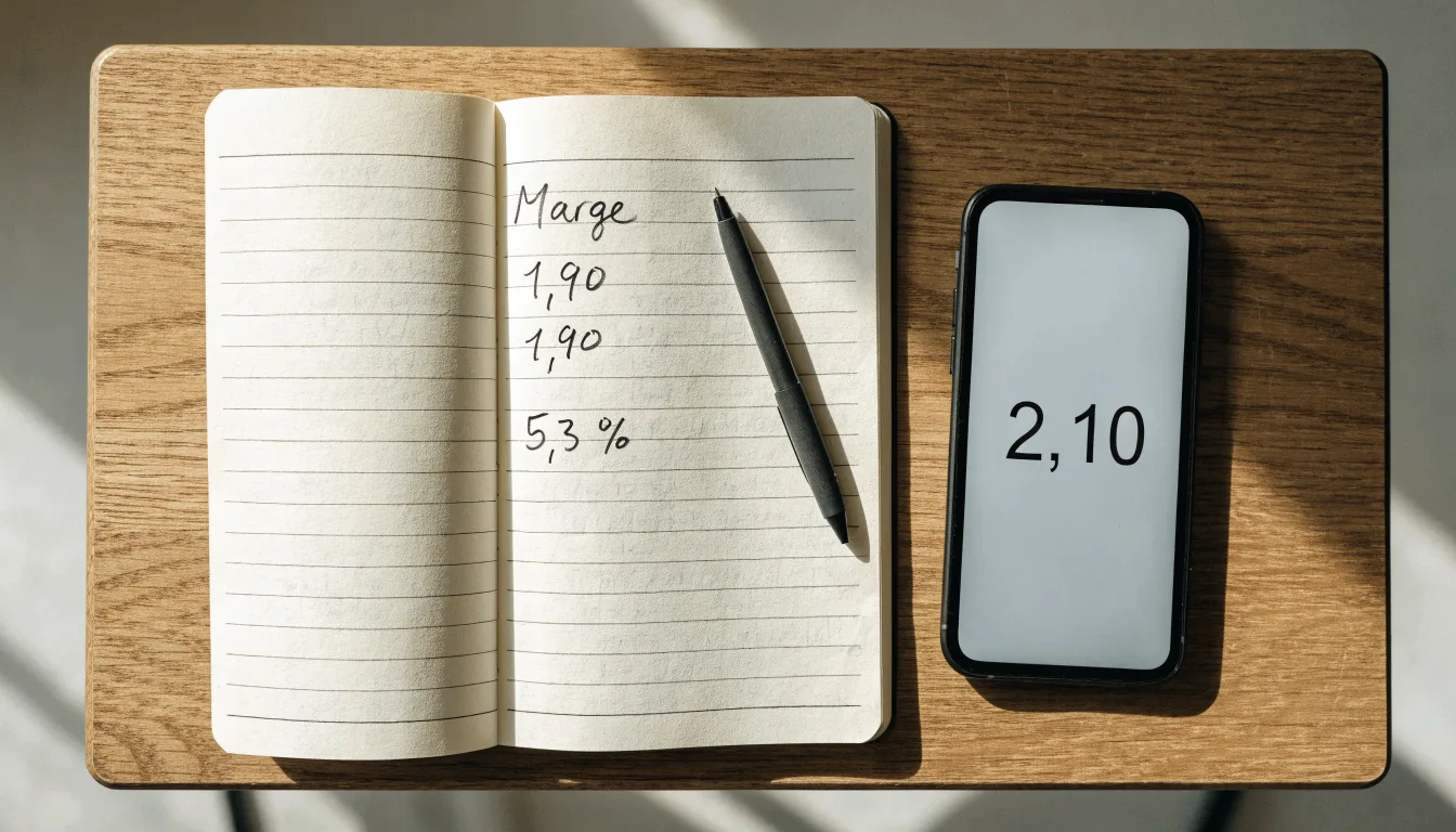 Ein aufgeschlagenes Notizbuch mit handschriftlichen Rechnungen liegt neben Stift und Smartphone auf einem Holztisch im Tageslicht.