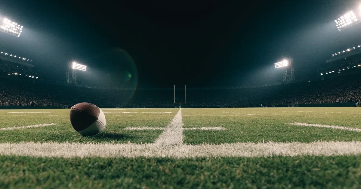 Ein Footballstadion bei Flutlicht aus der Ferne gesehen, davor ein leerer Rasen mit Yard-Linien und ein ovaler Ball am Spielfeldrand.