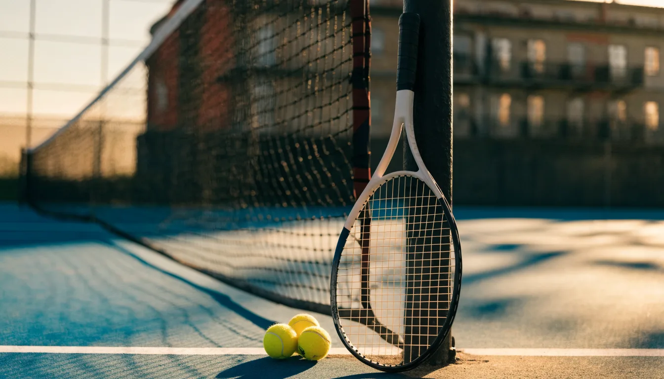 Ein Tennisschläger lehnt an einem Netzpfosten, daneben liegen drei Bälle auf einem Hartplatz in warmem Nachmittagslicht.