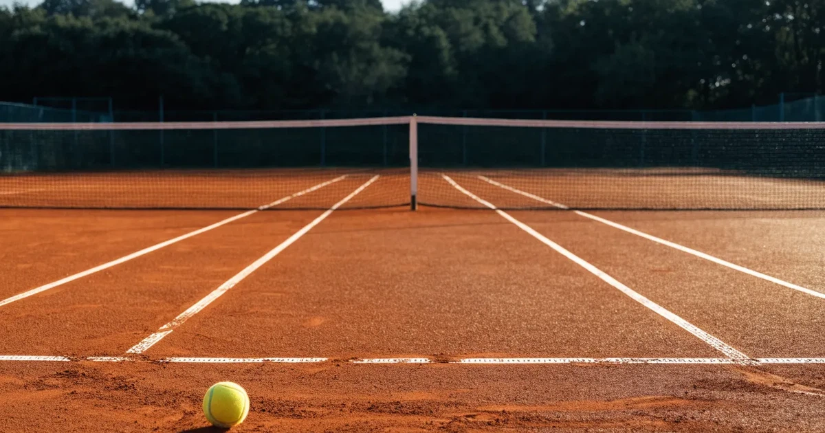 Ein Sandplatz am frühen Morgen mit frisch gezogenen Linien, einem Netz in der Mitte und einem gelben Ball auf der Grundlinie.
