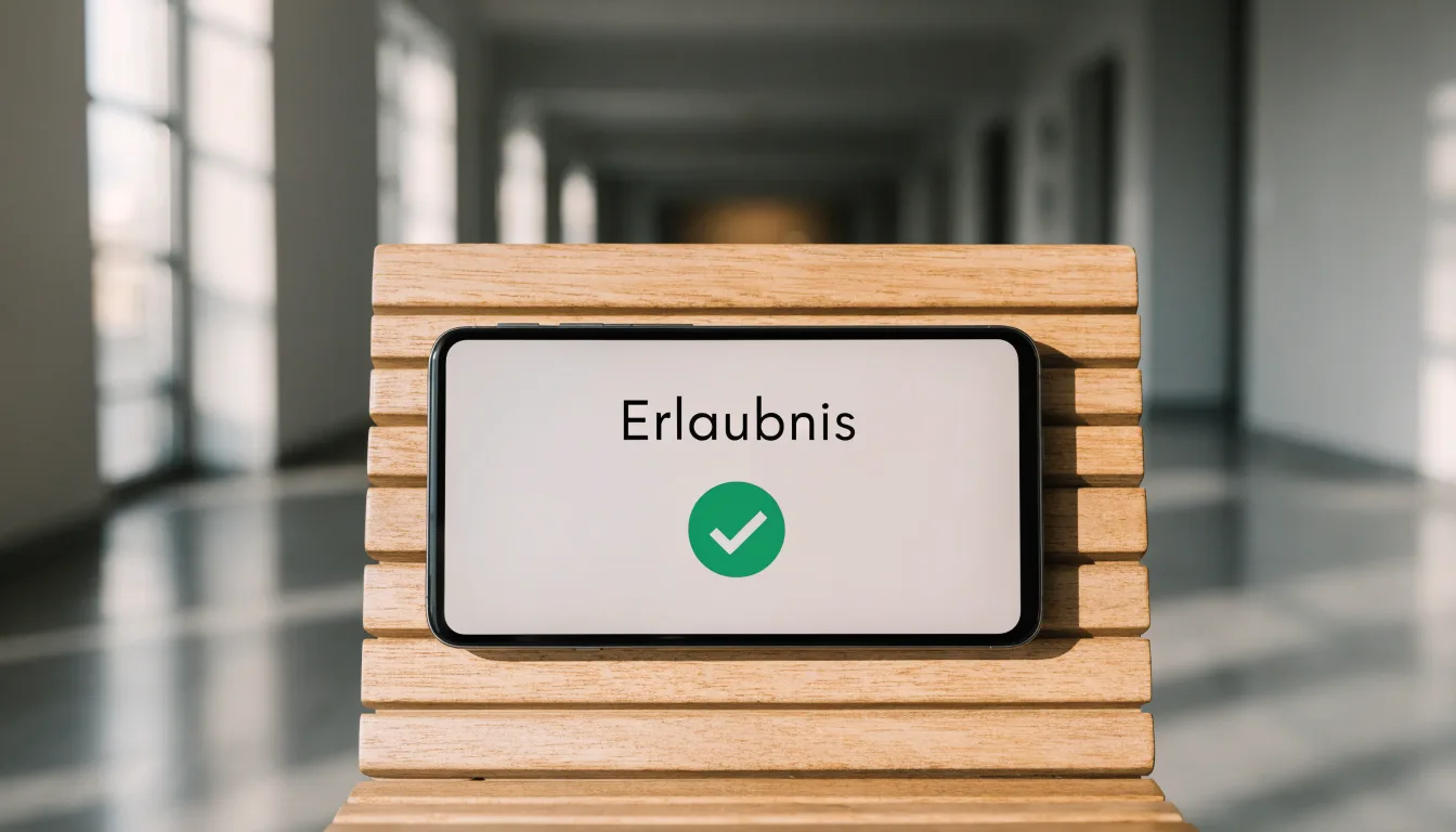 Ein heller Flur in einem Verwaltungsgebäude mit einer leeren Holzbank und einem Fenster, durch das Morgenlicht fällt.