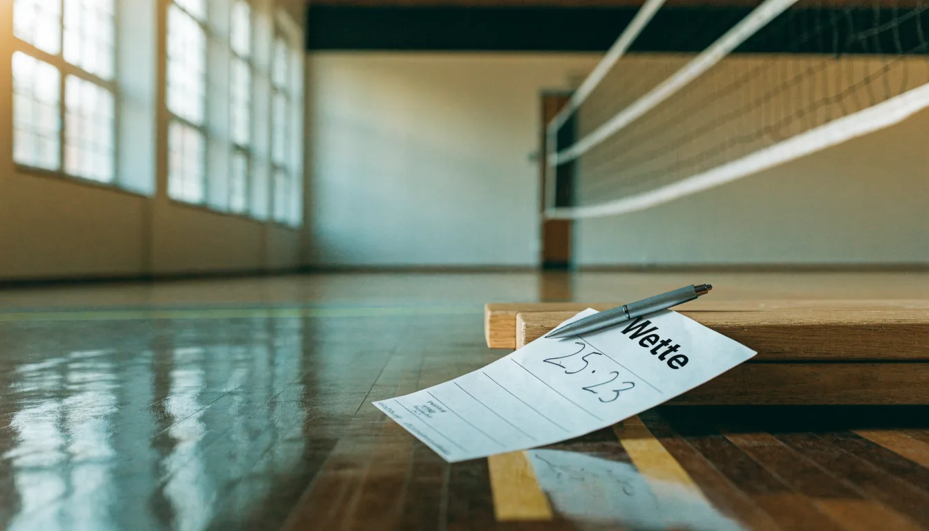 Eine leere Sporthalle mit gespanntem Volleyballnetz und glänzendem Parkett, durch hohe Fenster fällt Tageslicht.