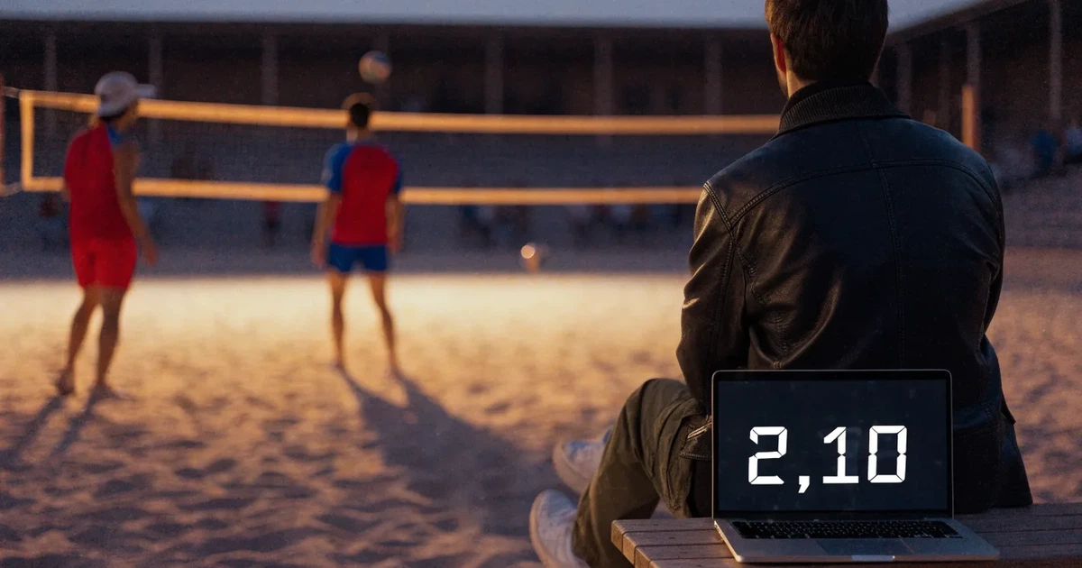 Ein Volleyball liegt auf dem Sand eines Beachvolleyball-Feldes neben dem gespannten Netz, im Hintergrund eine leere Tribüne bei Abendlicht.