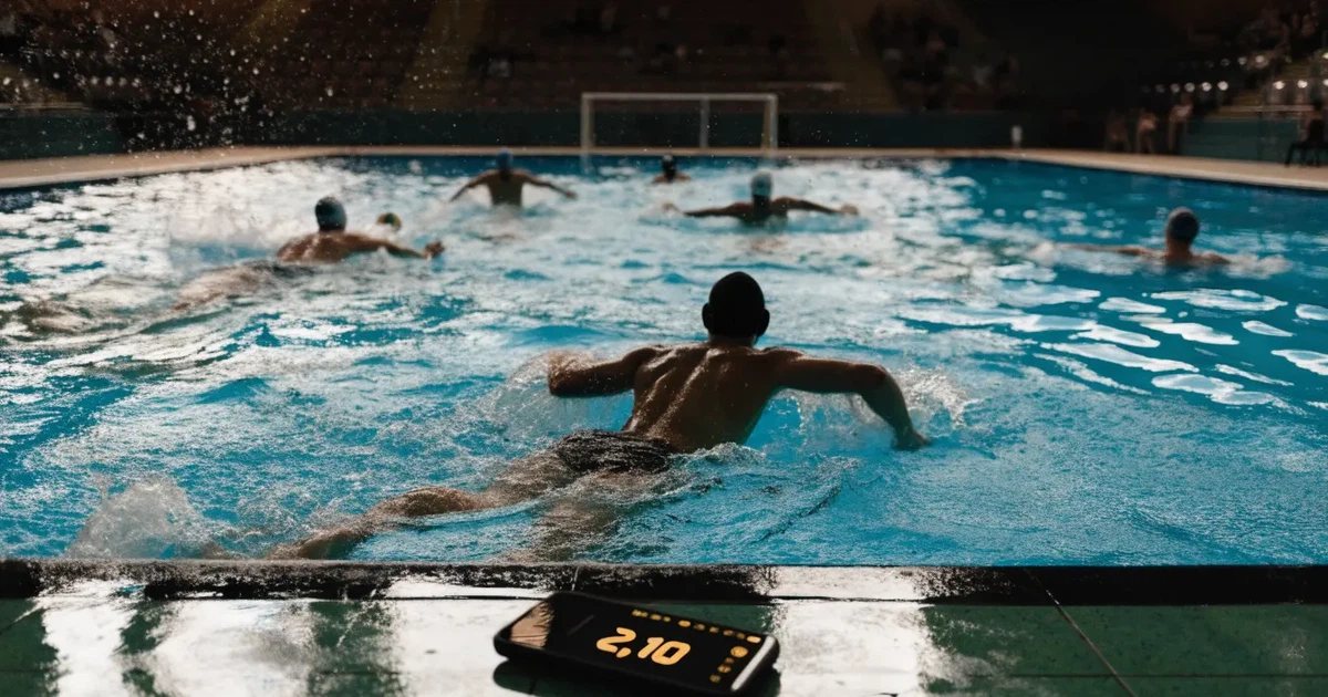Ein Schwimmbecken mit türkisfarbenem Wasser und zwei schwimmenden Torrahmen am gegenüberliegenden Beckenrand, menschenleer unter Hallenlicht.