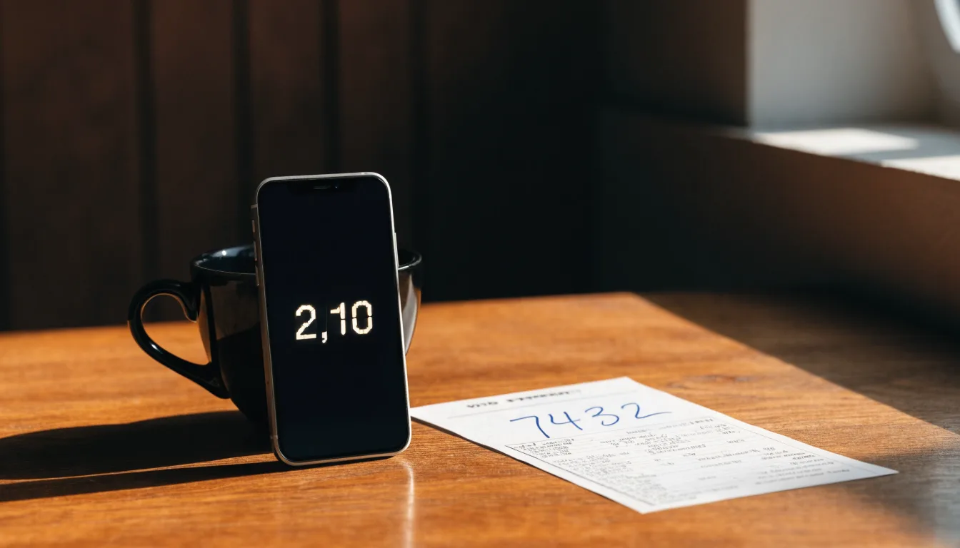Ein Smartphone mit dunklem Bildschirm lehnt an einer Kaffeetasse auf einem Holztisch, daneben ein blanker Papier-Wettschein.