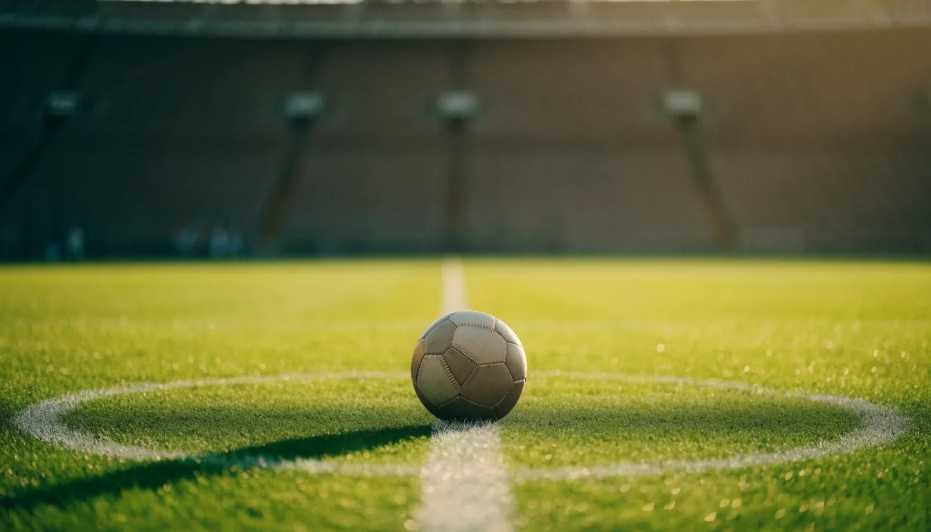 Ein Fußball liegt auf dem Anstoßpunkt eines Rasenplatzes im ersten Morgenlicht, Tau glänzt auf dem Gras.