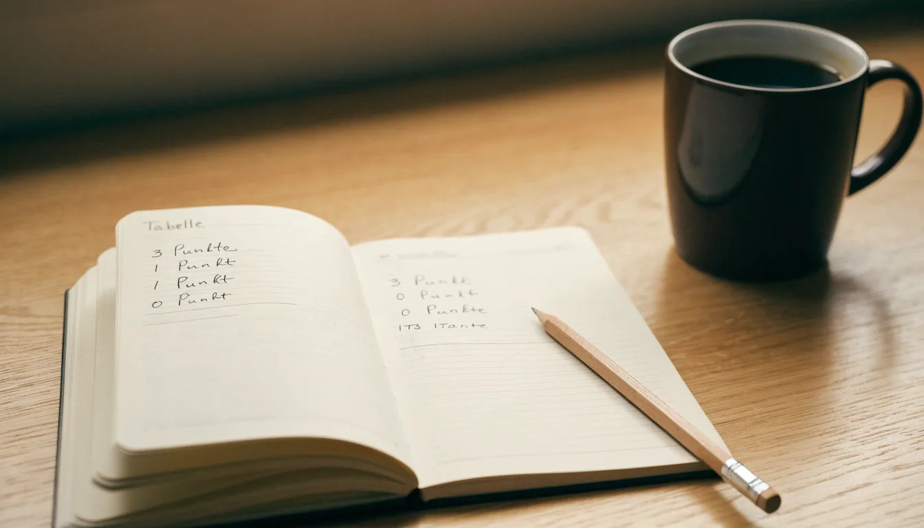 Ein Taschenrechner und ein Bleistift liegen auf einem handbeschriebenen Notizblock neben einer Tasse Kaffee.
