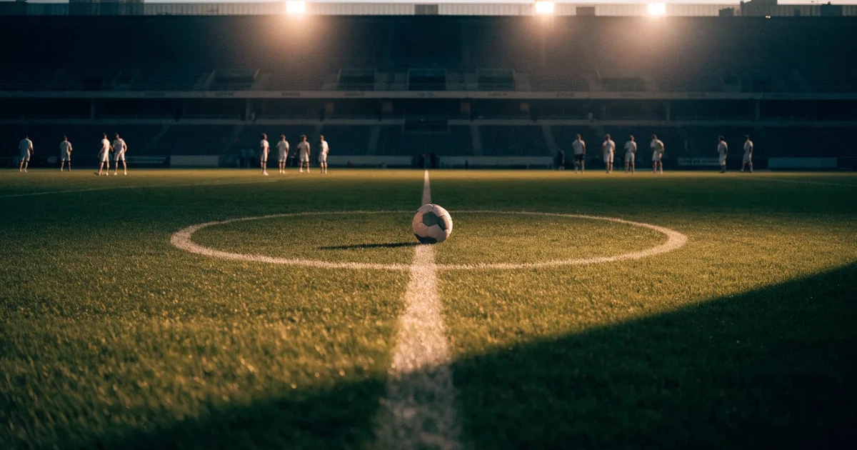 Ein Rasenplatz in der Dämmerung mit eingeschalteten Flutlichtmasten, ein Ball liegt am Anstoßpunkt, die Tribünen im Hintergrund sind unscharf.