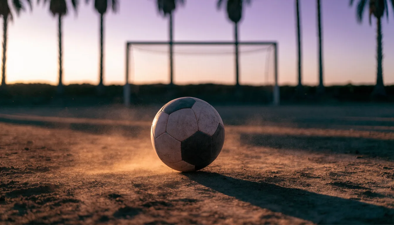 Ein Fußball liegt auf einem staubigen Bolzplatz mit Palmen im Hintergrund in warmem Abendlicht.
