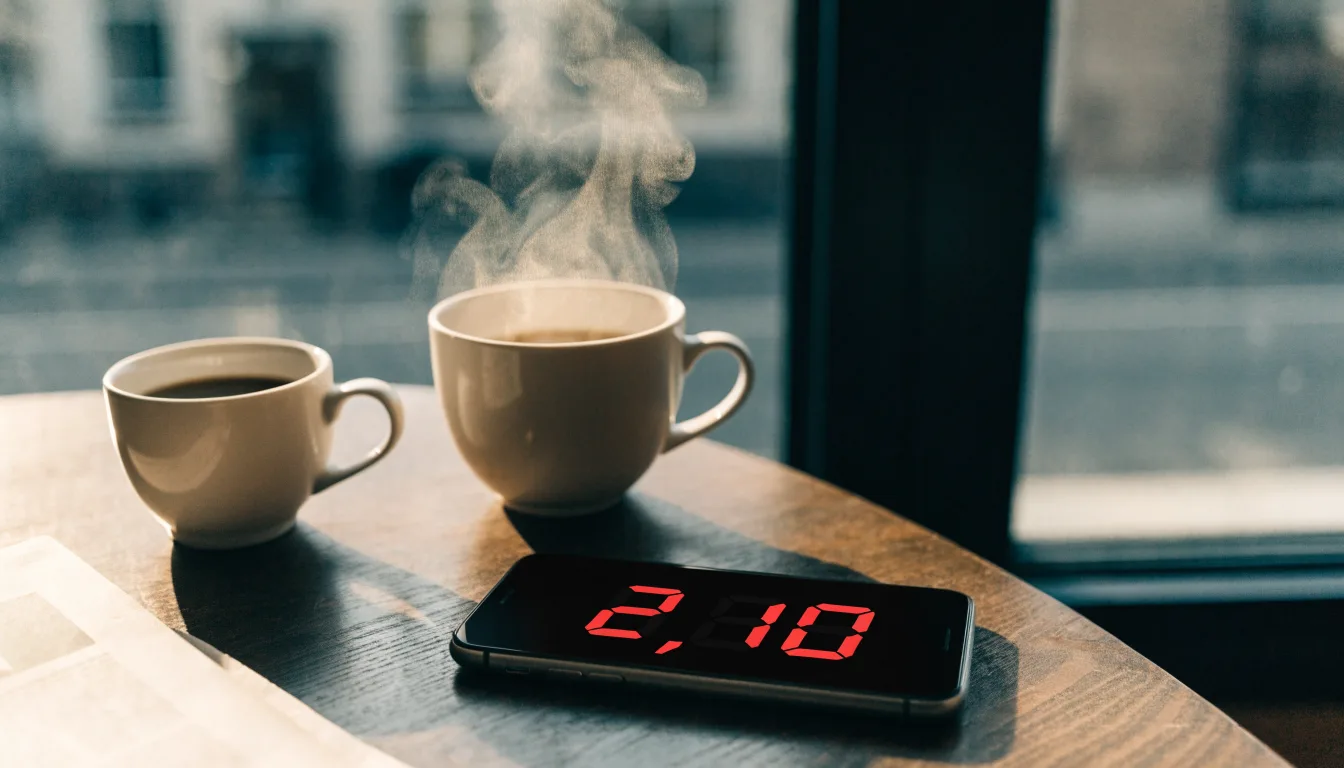 Zwei Kaffeetassen und ein dunkles Smartphone stehen auf einem Café-Tisch am Fenster im Morgenlicht.