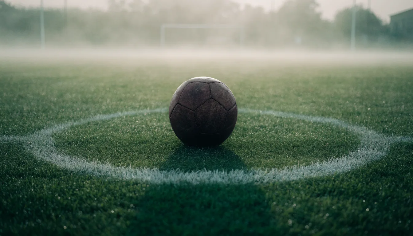 Ein abgewetzter Fußball liegt auf dem Anstoßkreis eines Naturrasens im Morgennebel.