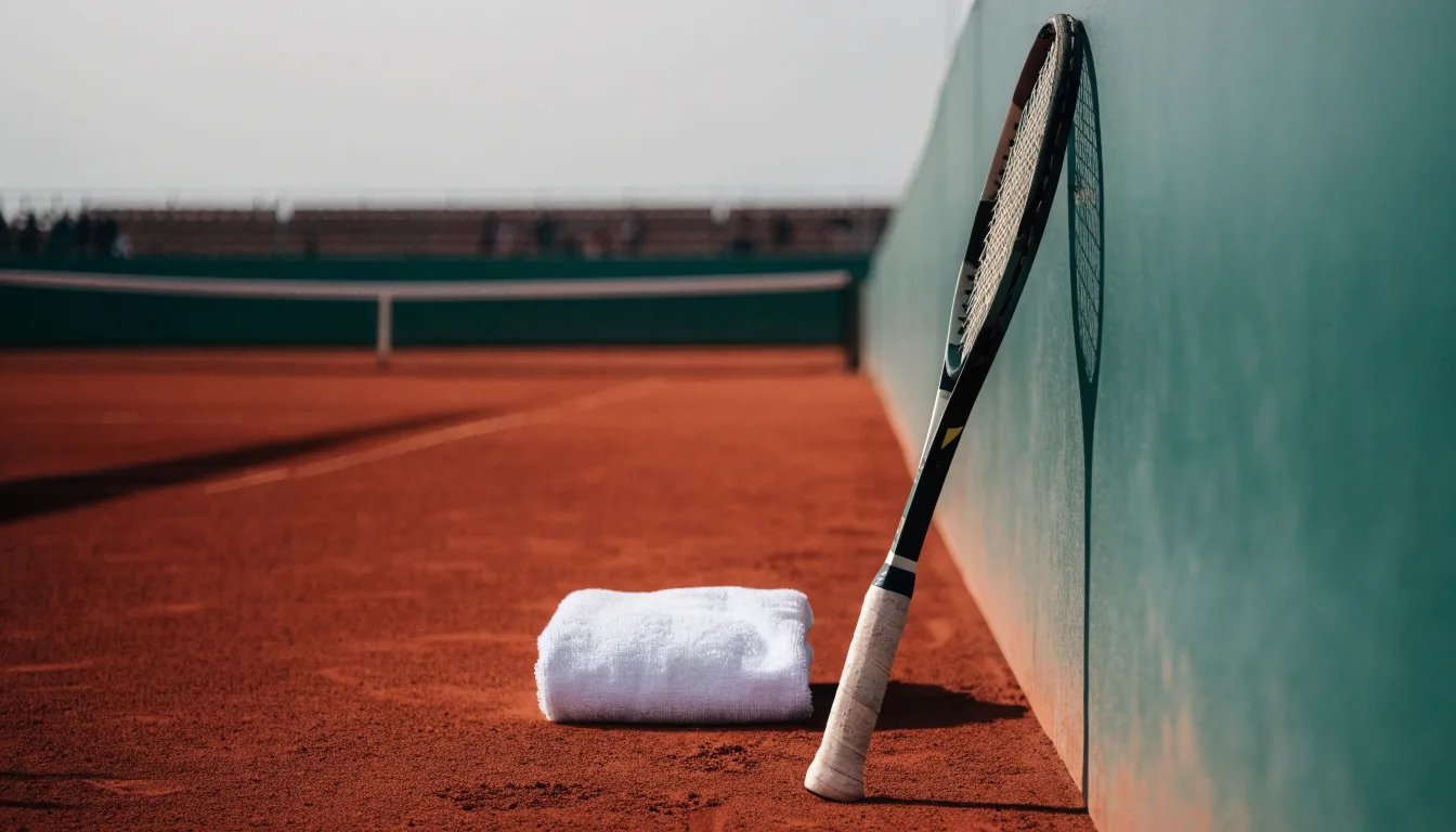 Ein Tennisschläger lehnt an einer dunkelgrünen Bande ohne Aufschrift auf einem Sandplatz, daneben liegt ein Handtuch.