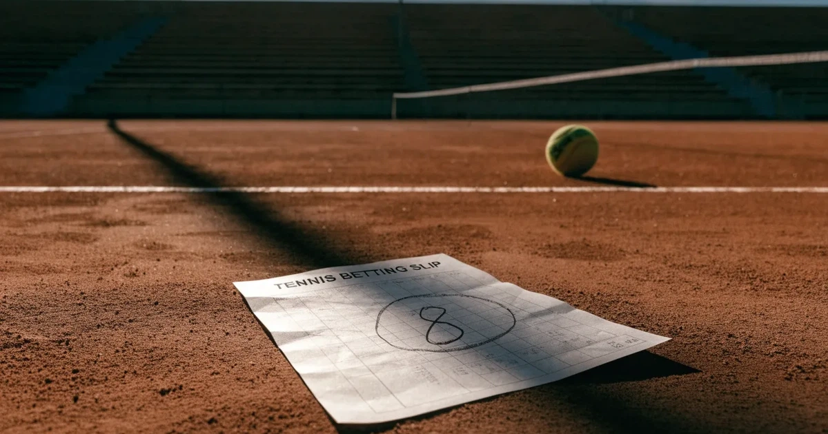 Ein Sandplatz mit rötlichem Belag und gezogenen weißen Linien, ein einzelner Tennisball liegt neben der Linie, im Hintergrund eine leere Tribüne.