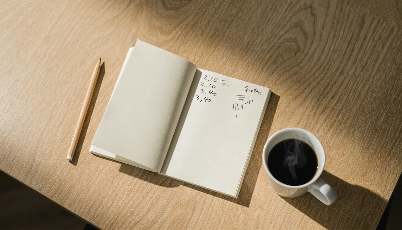 Ein aufgeschlagenes Notizbuch mit handschriftlichen Skizzen liegt neben einem Bleistift auf einem Holztisch, daneben eine Tasse Kaffee.