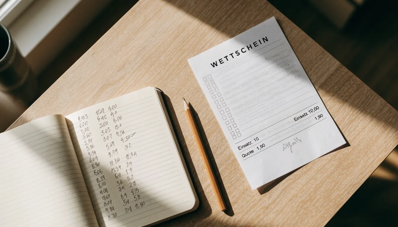 Ein Taschenrechner und ein Bleistift liegen auf einem Schreibtisch neben einem aufgeschlagenen Notizbuch mit handschriftlichen Zahlenreihen.