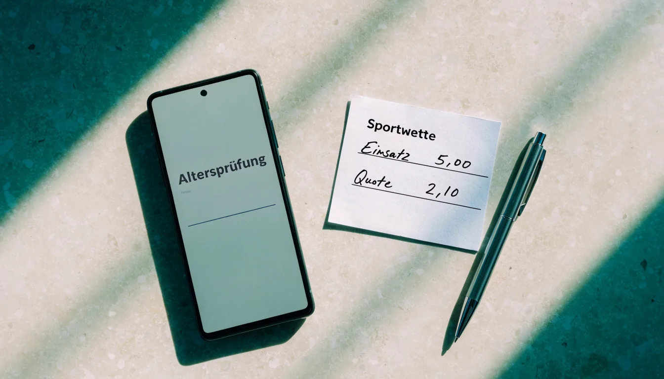 Ein leerer Papier-Wettschein liegt neben einem Smartphone mit dunklem Display auf einer hellen Tischplatte, daneben ein Kugelschreiber.