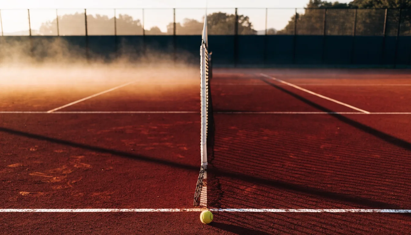 Ein Tennisplatz bei Sonnenaufgang, Netz und Grundlinien im weichen Licht, niemand ist zu sehen.